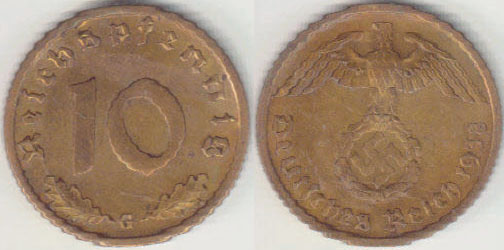 1938 G Germany 10 Pfennig A000608.